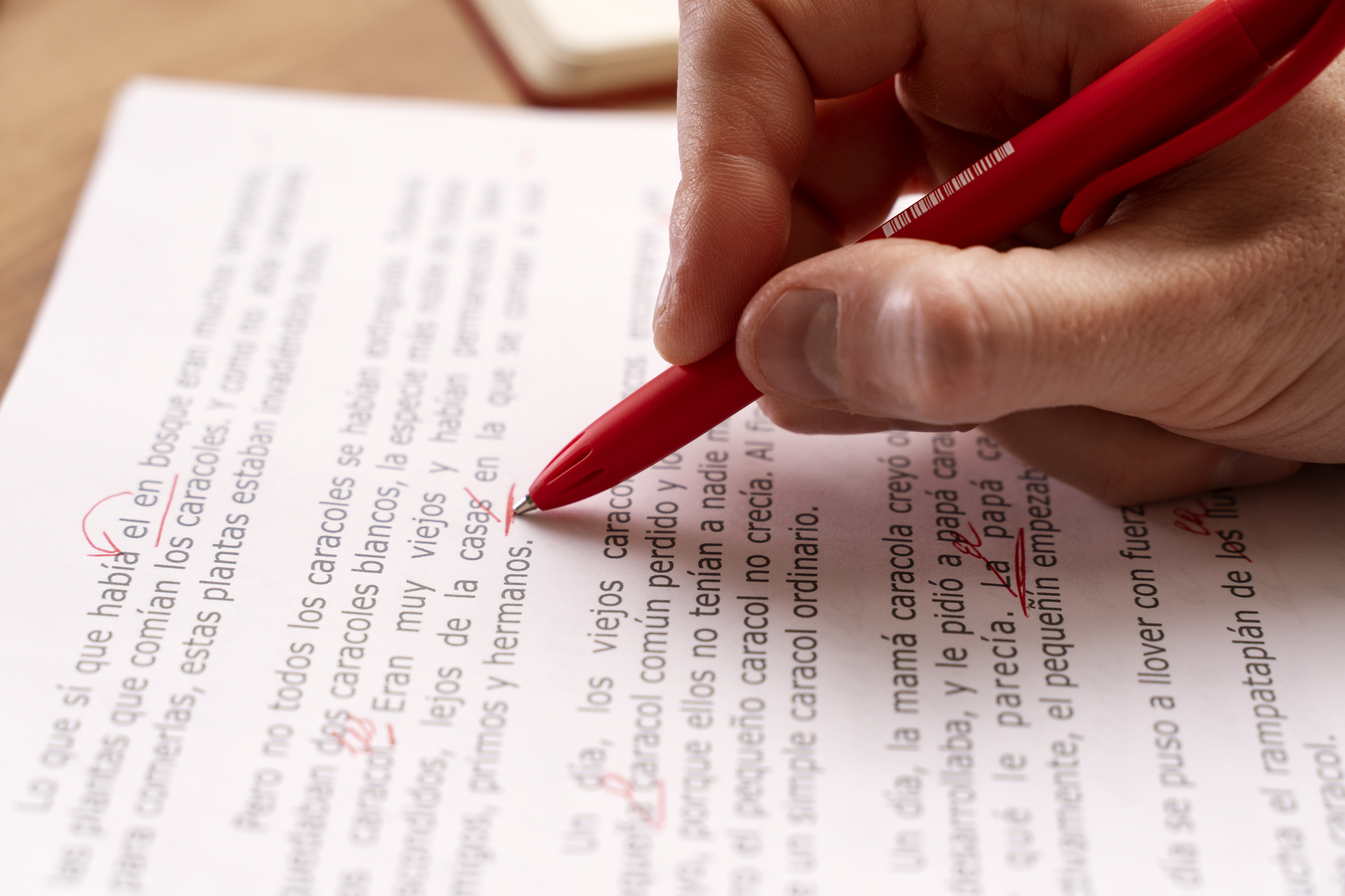 มือคนตรวจการแปลเอกสารด้วยปากกาสีแดง